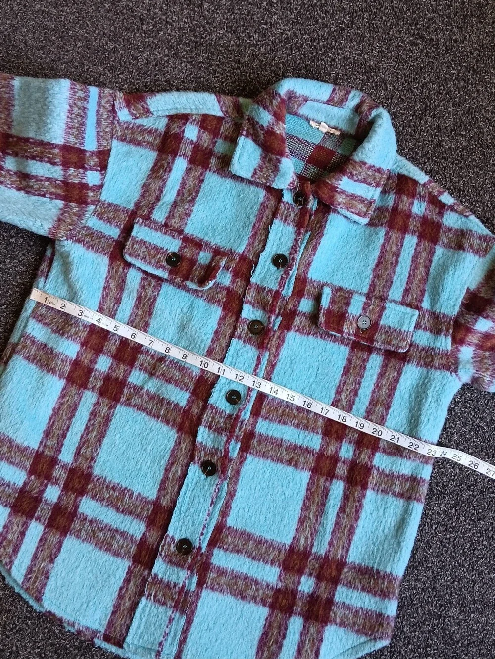 La Miel Turquoise & Burgundy Plaid Button Up Shacket Size Small, Rugged Chore